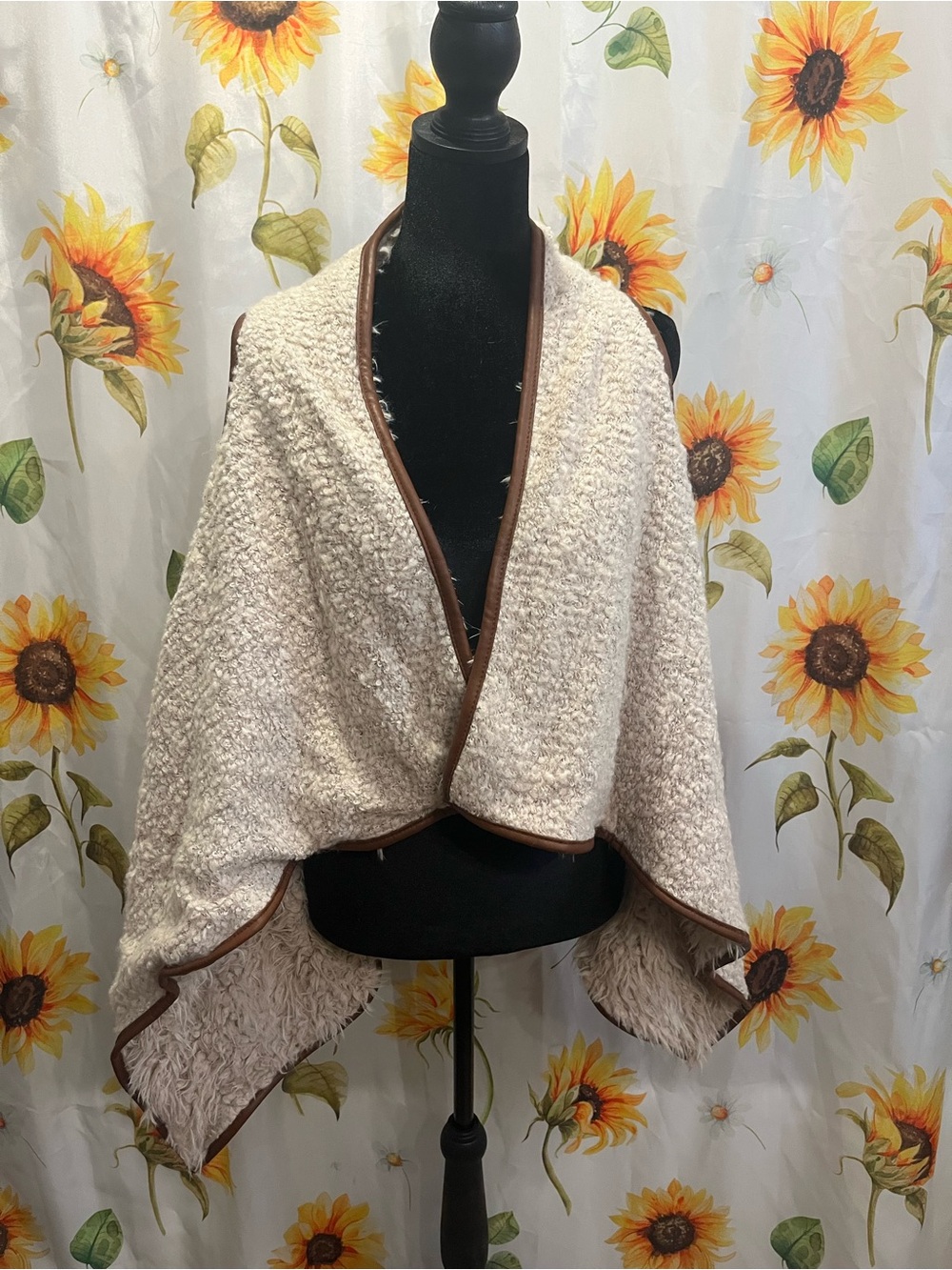 Love Tree Cream Bouclé Poncho with Brown Trim